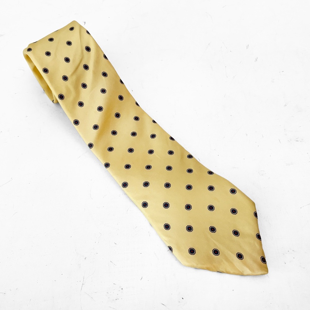 Christian Dior Mens Silk Tie Yellow Medallion Geometric Pattern Made in USA